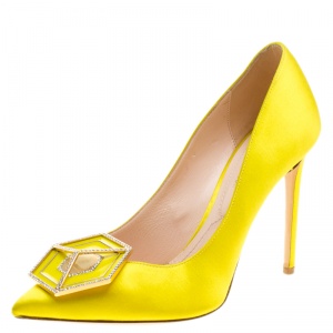Nicholas Kirkwood Canary Yellow Satin Eden Jeweled Pointed Toe Pumps Size 37.5