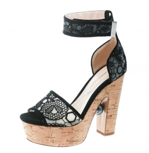 Nicholas Kirkwood Black Lace Maya Pearl Platform Ankle Strap Sandals Size 35.5