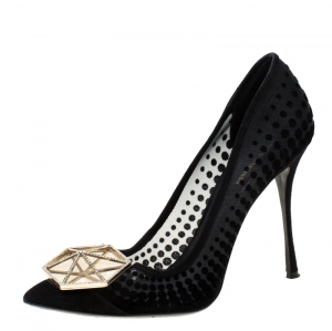 Nicholas Kirkwood Black Suede And Mesh Hexagon Embellished Pumps Size 39