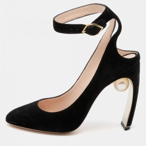 Nicholas Kirkwood Black Suede Lola Pearl Ankle Strap Pumps Size 36.5