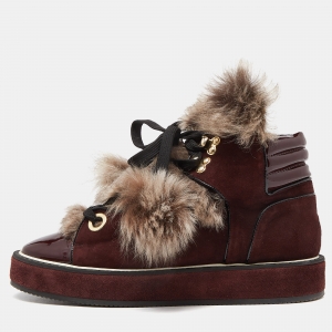 Pre Owned Nicholas Kirkwood Burgundy Suede and Patent Leather Fur High Top Sneakers  Size 39
