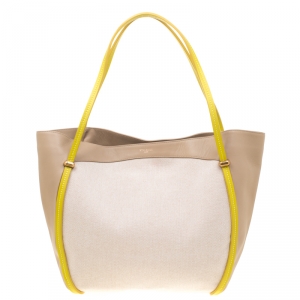 Nina Ricci Beige/Green Leather and Canvas Shopper Tote 