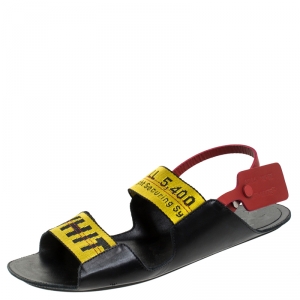 Off White Yellow Canvas And Black Leather Slingback Flat Sandals Size 39
