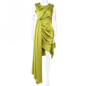 Off-White Olive Green Satin Draped Asymmetric Dress S