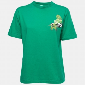 Off-White Green Leaf Printed Cotton Half Sleeve T-shirt XS