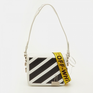 Pre Owned Off-White Binder Clip Mini White/Black Leather Diag Stripe Shoulder Bag