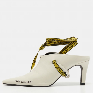 Off-White Cream Leather For Walking Ankle Tie Mules Size 38