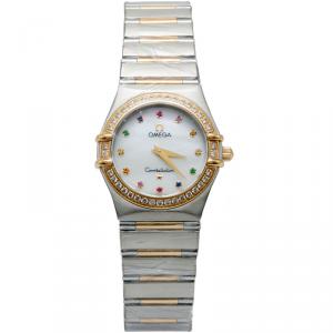 Omega White Mop Diamond & Rainbow Stones Constellation Steel & 18K Yellow Gold Women's Watch 27MM
