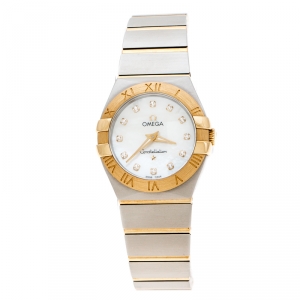 Omega Mother of Pearl 18K Yellow Gold Stainless Steel Diamonds Constellation 123.20.27.60.55.002 Women's Wristwatch 27 mm