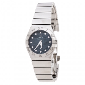 Omega Blue Grey Stainless Steel Diamonds Constellation 123.10.27.60.53.001 Women's Wristwatch 27 mm