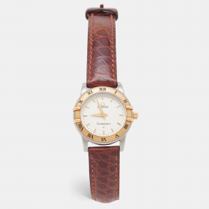 Omega Silver 18K Yellow Gold Stainless Steel Alligator Leather Constellation 595.1201 Women's Wristwatch 25 mm