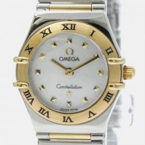 Omega White Shell 18k Yellow Gold Stainless Steel Constellation 1361.71 Quartz Women's Wristwatch 22 mm
