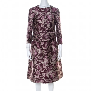 Pre Owned Oscar de la Renta Burgundy Floral Jacquard Skirt Suit M