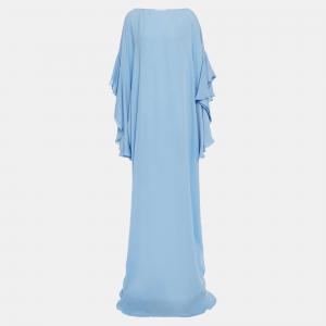 Pre Owned Oscar De La Renta Blue Silk Oversized Flared Sleeves Gown L