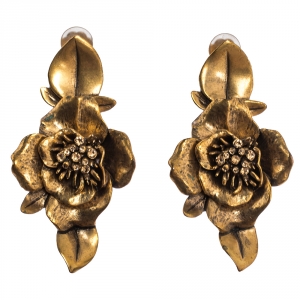مملوكة مسبقًا Oscar de la Renta Flower Crystal Gold Tone Clip-on Drop Earrings