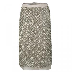 Oscar De La Renta Beige Embellished Silk Organza Pencil Skirt L