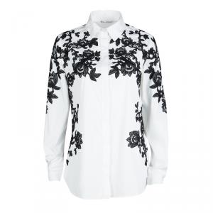 Pre Owned Oscar De La Renta White Stretch Cotton Contrast Lace Applique Detail Shirt M