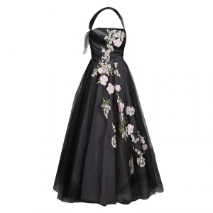 Pre Owned Oscar de la Renta Black Floral Embroidered and Appliqued Tulle Halter Gown M