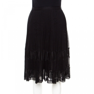 Oscar de la Renta Black Pleated Silk Lace Insert Skirt L
