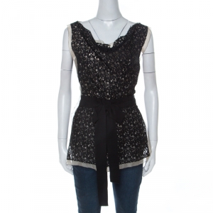 Pre Owned Oscar de la Renta Black Lace Bow Detail Sleeveless Top L