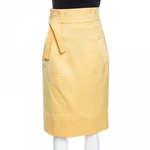 Oscar de la Renta Yellow Silk Waist Tie Detail Pencil Skirt M