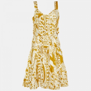 Oscar de la Renta Yellow/White Printed Pleated Sleeveless Dress M