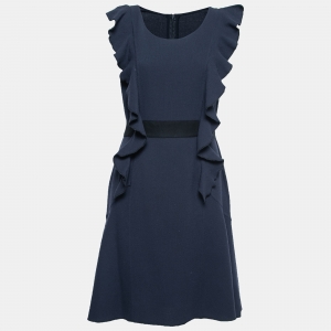 Oscar de la Renta Navy Blue Wool Ruffled Belted Midi Dress M