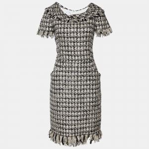 Pre Owned Oscar de la Renta Monochrome Lurex Tweed Sheath Dress M