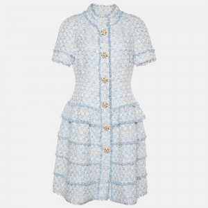 Pre Owned Oscar de la Renta Light Blue Boucle Tiered Mini Dress XL