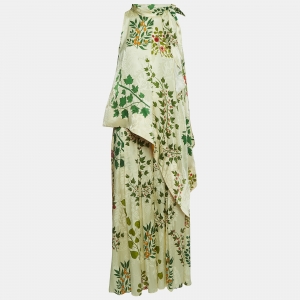 Pre Owned Oscar de la Renta Cream Floral Print Silk Asymmetrical Top and Trousers Set M