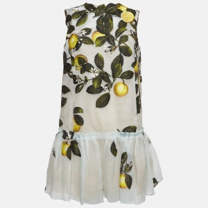 Pre Owned Oscar de la Renta Blue Embroidered Silk Blend Ruffle Hem Shift Dress M