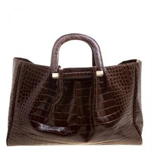 Pre Owned Oscar De La Renta Brown Croc Embossed Leather Tote