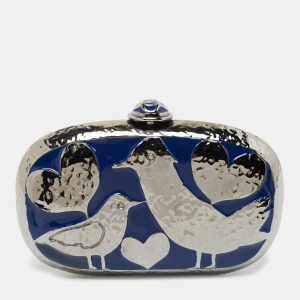 Pre Owned Oscar de la Renta Silver/Blue Metal Bird Minaudiere Clutch