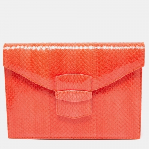 Pre Owned Oscar De La Renta Orange Watersnake Leather Small Grafton Clutch