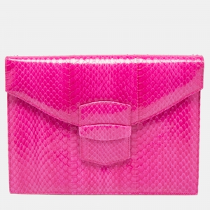 Pre Owned Oscar de la Renta Pink Watersnake Leather Small Grafton Clutch