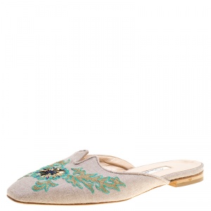 Pre Owned Oscar de la Renta Multicolor Canvas Embroidered Spanish Flat Mules Size 38