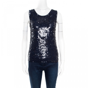 P.A.R.O.S.H. Navy Blue Sequin Paillette Embellished Sleeveless Blouse XS