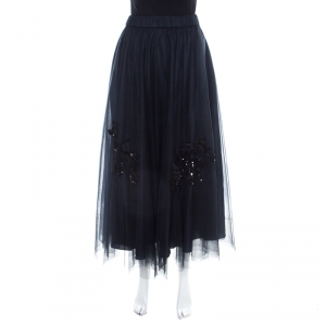 P.A.R.O.S.H Navy Blue Floral Sequin Embellished Tulle Maxi Skirt XL