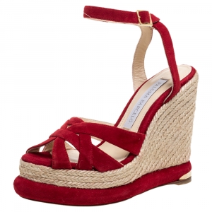Paloma Barceló Red Suede Leather Espadrille Wedge Platform Ankle Strap Sandals Size 36.5