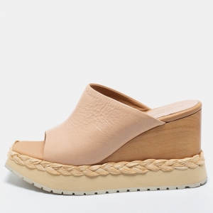 Paloma Barceló Beige Leather Wedge Platform Mules Size 39