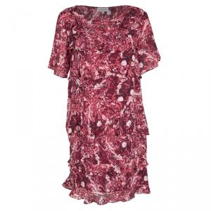 Paul and Joe Red Floral Printed Silk Ruffled Tiered Dress S