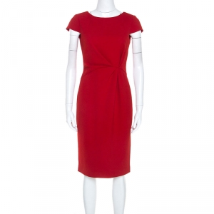 Paule Ka Red Crepe Draped Waist Detail Midi Dress S