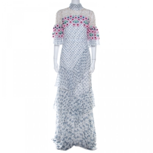 Peter Pilotto White Floral Print Lace Panelled Ruffled Silk Georgette Dress S