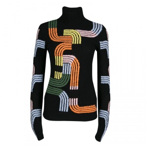 Peter Pilotto Black Textured Multicolor Track Pattern Turtleneck Sweater S
