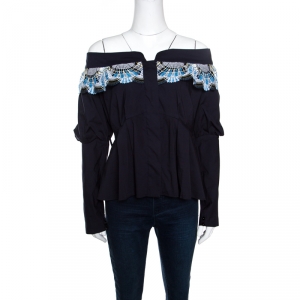 Peter Pilotto Navy Cotton Lace Detail Off Shoulder Top L