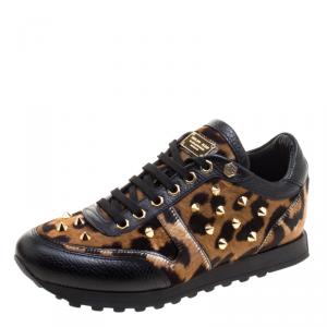 Pre Owned Philipp Plein Limited Edition Leopard Print Calf Hair and Leather Spike Embellished Sneakers Size 36