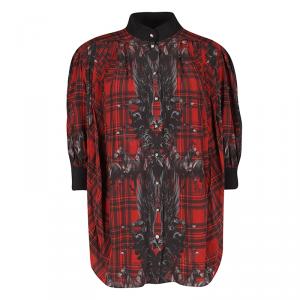 Philipp Plein Red Checked Silk British Horses Print Pleat Detail Blouse M