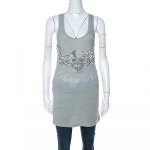 Philipp Plein Grey Cotton Crystal Skull Embellished Sleeveless Tank Top XS 