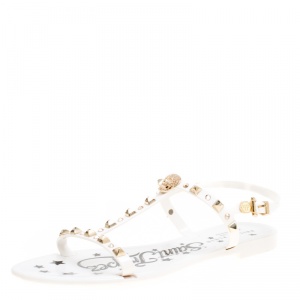 Pre Owned Philipp Plein White Jelly Crystal Skull Embellished T Strap Sandals Size 39