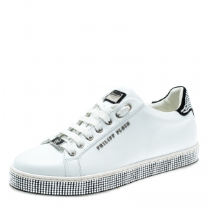 Pre Owned Philipp Plein White Leather Crystal Embellished Lace Up Sneakers Size 40